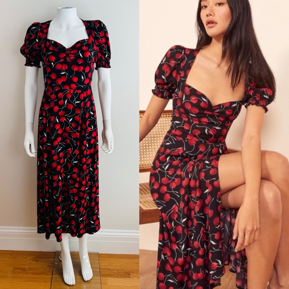 Reformation Lacey Black + Red Cherry Cherries Midi Dress Side Slit